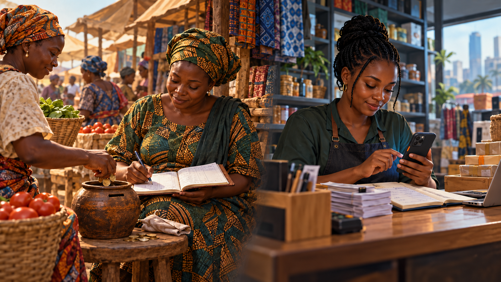 Split image contrasting a Yoruba woman collecting ajo contributions into a clay pot at an open-air market with a modern Lagos shop owner checking orders on her phone at the counter